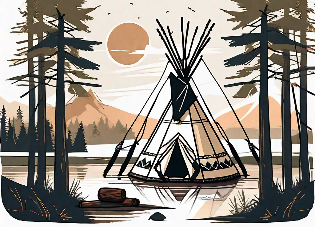 A traditional native american teepee set up in a beautiful natural landscape with a campfire nearby and various outdoor adventure elements like a canoe