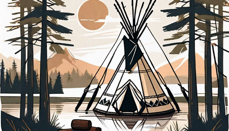 A traditional native american teepee set up in a beautiful natural landscape with a campfire nearby and various outdoor adventure elements like a canoe