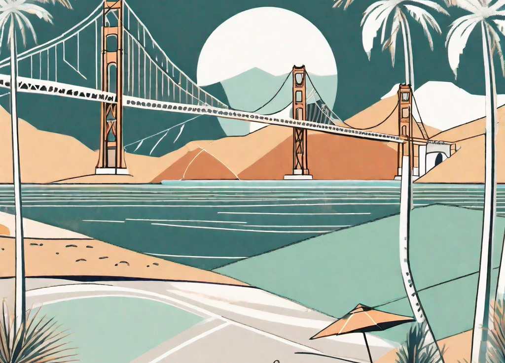 A scenic california landscape featuring iconic landmarks like the golden gate bridge