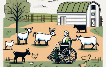A barrier-free farm scene with accessible features like a wheelchair-friendly path